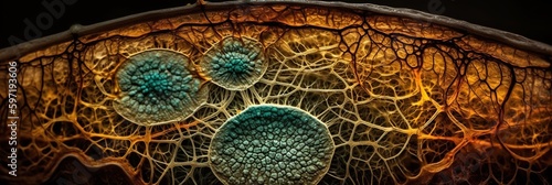 A macro image of a plant cell, with its intricate structures and organelles all visible, concept of Cellular complexity, created with Generative AI technology photo
