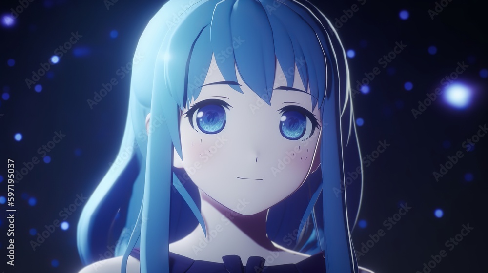 Very cute stargazing girl, Photorealistic anime, amazing blue color scheme, Swirly shapes, highly detailed, UHD, girl in the night, girl in the moonlight, wallpaper, Generative AI Very cute stargazing girl, Photorealistic anime, amazing blue color scheme, Swirly shapes, highly detailed, UHD, girl in the night, girl in the moonlight, wallpaper, Generative AI