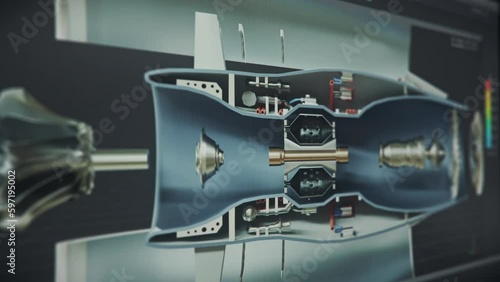 Computer software displaying the inside design of the industrial gas turbine. Displaying the part design of the industrial equipment. Industrial engineering system displaying the machine parts.
