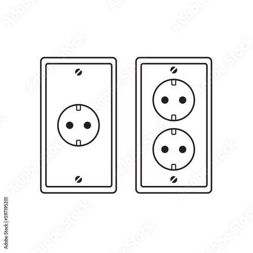 Iconos de enchufes eléctricos simples y dobles. Vista de frente y de cerca. Vector