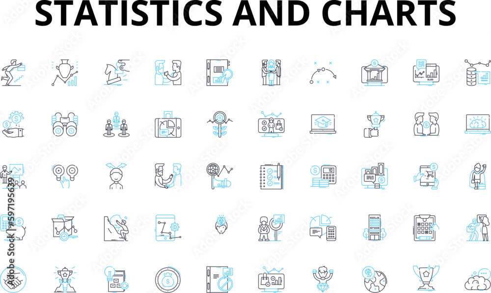 Statistics and charts linear icons set. Data, Graphs, Trends, Variance, Correlation, Standard deviation, Scatterplot vector symbols and line concept signs. Bell curve,Histogram,Frequency illustration