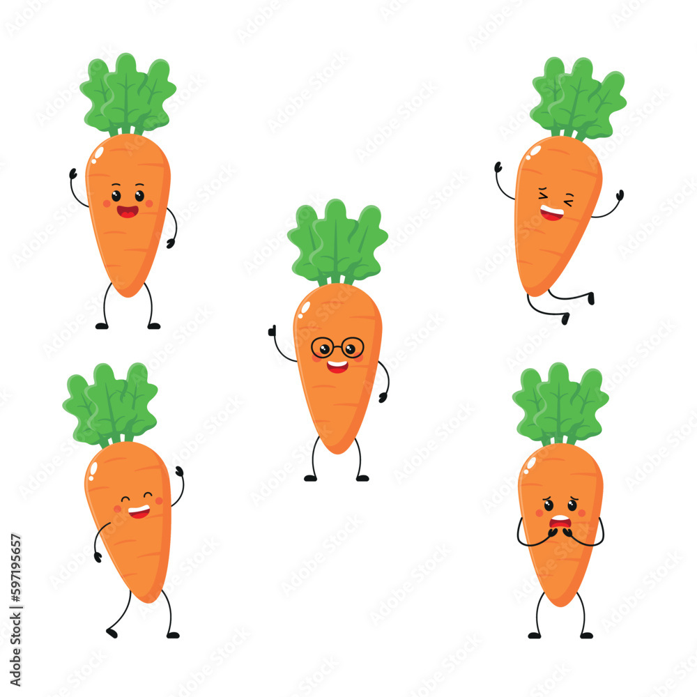 cute carrot character with different funny face and expression. Happy