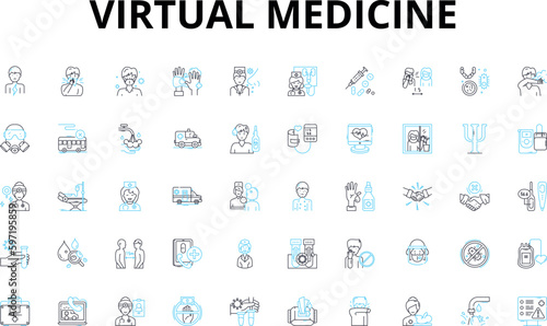 Virtual medicine linear icons set. Telemedicine, Distance healthcare, Remote diagnosis, Virtual consultations, Online healthcare, Telehealth, Digital healthcare vector symbols and line concept signs