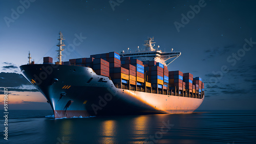 Logistics and shipping of International Container Cargo ship in ocean at twilight sky, Freight Freight, Shipping. sunset view. (Generative AI)