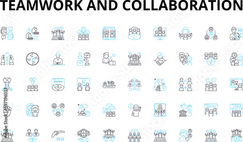 Teamwork and collaboration linear icons set. Synergy, Alliance, Cohesion, Unity, Partnership, Cohort, Connection vector symbols and line concept signs. Fellowship,Harmony,Cohorts illustration