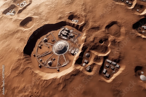 Fototapet Aerial top view of the first human colony on Mars, created with Generative AI te
