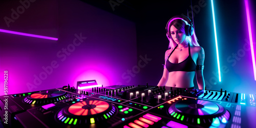 DJ girl in a nightclub behind a DJ console and equipment in colored diode or neon rays, mostly purple. Generative AI.