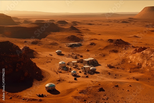 Aerial top view of the first human colony on Mars, created with Generative AI technology