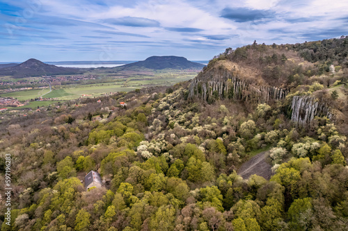 Szent Gy  rgy Mountain s basalt organs with the surrounding volcanic mountains in the Balaton Uplands of Hungary during spring 