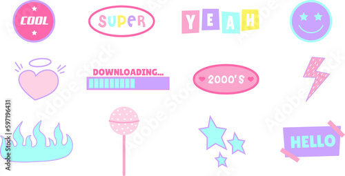 y2k sticker set, 1990s 2000s style, nostalgia, trendy patches, heart, flame, lollipop, vector illustration