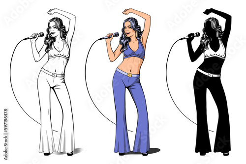 Disco Diva. Pop Singer Girl with Microphone. Outline, Color and Silhouette cliparts.