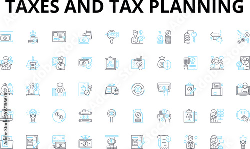 Taxes and tax planning linear icons set. Deductions, Refunds, Returns, Income, Filing, Credits, Audits vector symbols and line concept signs. Exemptions,IRS,Taxpayers illustration photo