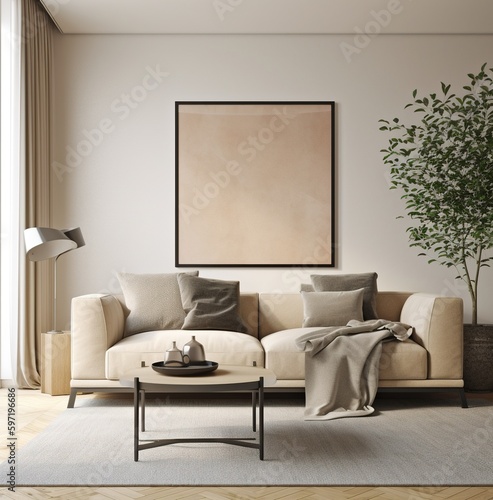 mock up poster frame in modern interior background, living room, Scandinavian style. Ai generative © FTE