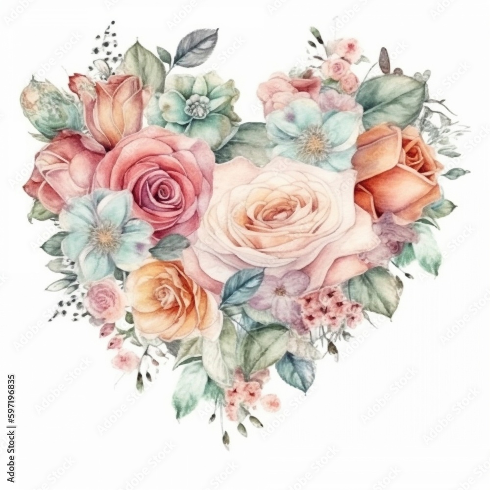 Heart shaped watercolor painted roses on white background, created with generative AI Heart shaped watercolor painted roses on white background, created with generative AI
