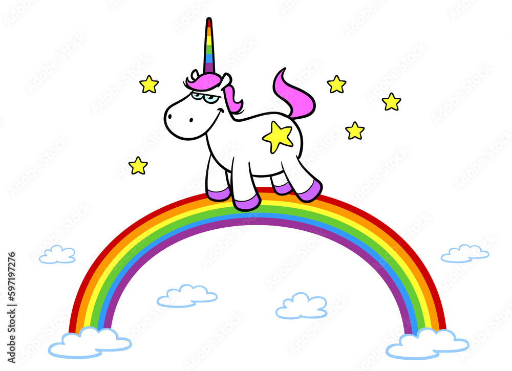 Naklejka premium Rosa Cartoon Einhorn schwebt auf einem bunten Regenbogen