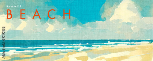 Abstract summer background with art illustration of sea beach and sky. Tropical coast landscape with beautiful sea shore beach on a nice sunny day