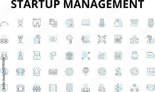 Startup management linear icons set. Innovation, Scalability, Growth, Leadership, Agility, Risk-taking, Investment vector symbols and line concept signs. Collaboration,Disruption,Flexibility