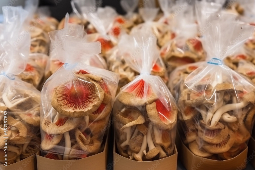 Close-up of mushrooms in packaging on the counter of a store, mushroom production. Generative AI