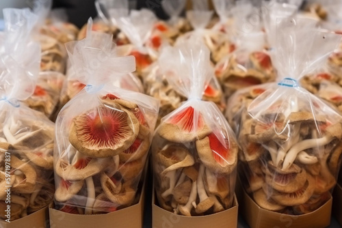 Close-up of mushrooms in packaging on the counter of a store, mushroom production. Generative AI