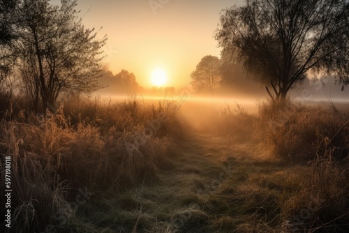 sunrise, with the sun peeking through the misty meadows, in a magical and serene setting, created with generative ai