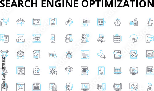 Search engine optimization linear icons set. Ranking, Keywords, Algorithm, Backlinks, Meta, Analytics, Traffic vector symbols and line concept signs. SERP,Optimization,Content illustration