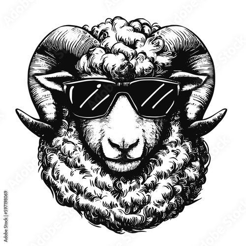 cool ram sheep wearing sunglasses, farm animal sketch