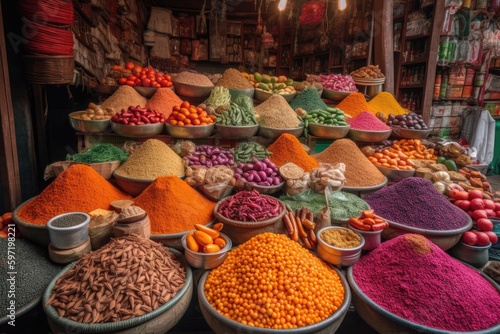 colorful mix of fruits, vegetables, and spices at exotic market, created with generative ai