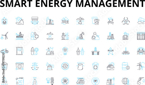 Smart energy management linear icons set. Efficient, Sustainability, Optimization, Automation, Conservation, Renewable, Monitoring vector symbols and line concept signs. Control,Climate,Grid