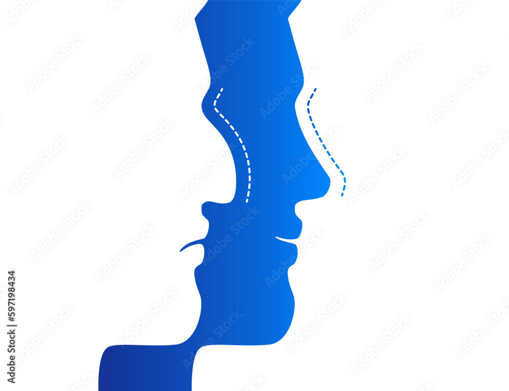Man with crooked and straight nose and different emotions. Nose