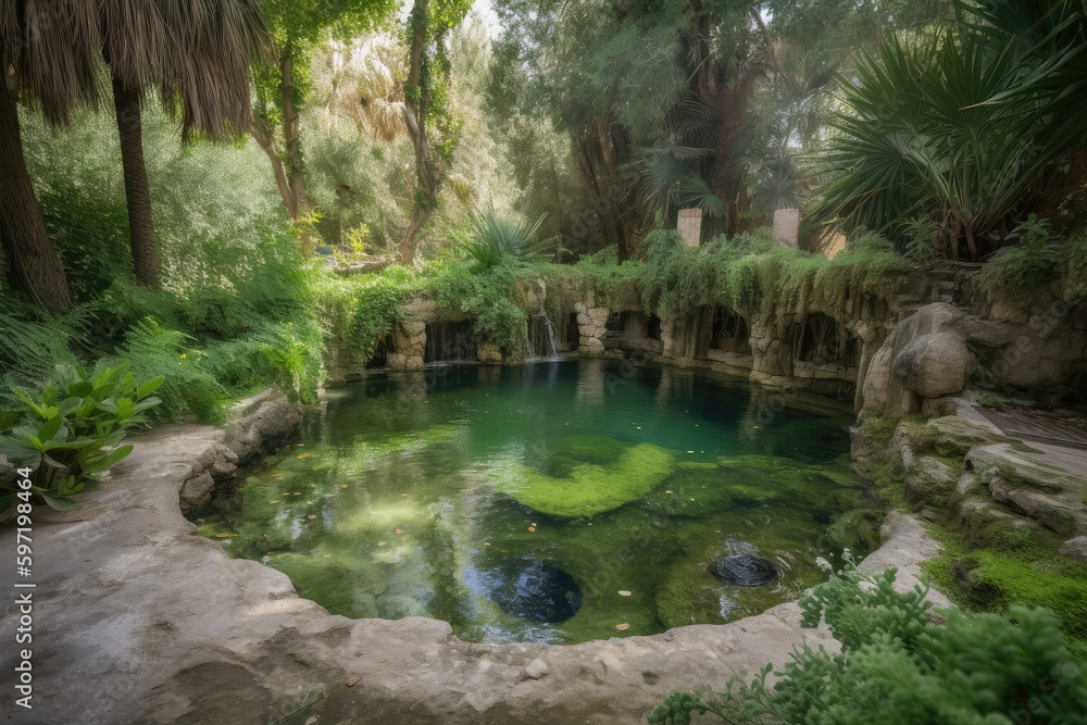oasis, with water flowing from the spring and into a pool, surrounded by greenery, created with generative ai oasis, with water flowing from the spring and into a pool, surrounded by greenery, created with generative ai
