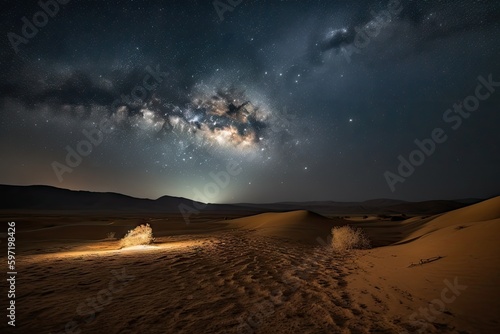 night sky, with view of stars and the moon, above sandy desert, created with generative ai