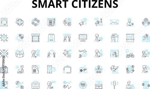 Smart citizens linear icons set. Connected, Digital, Innovative, Aware, Proactive, Collaborative, Engaged vector symbols and line concept signs. Efficient,Adaptive,Responsive illustration