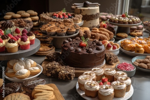 array of beautifully decorated gluten-free and vegan cakes, cookies, and pastries, created with generative ai