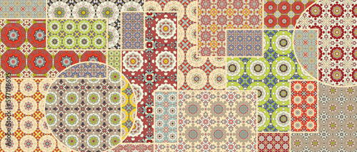 Vector patchwork quilt pattern. Vintage decorative collage. Hand drawn background. Indian, Arabic, Turkish motifs for printing on fabric or paper. Abstract colorful doodle pattern in mosaic style