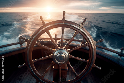 ship steering wheel  helm at sunset. Generative Ai