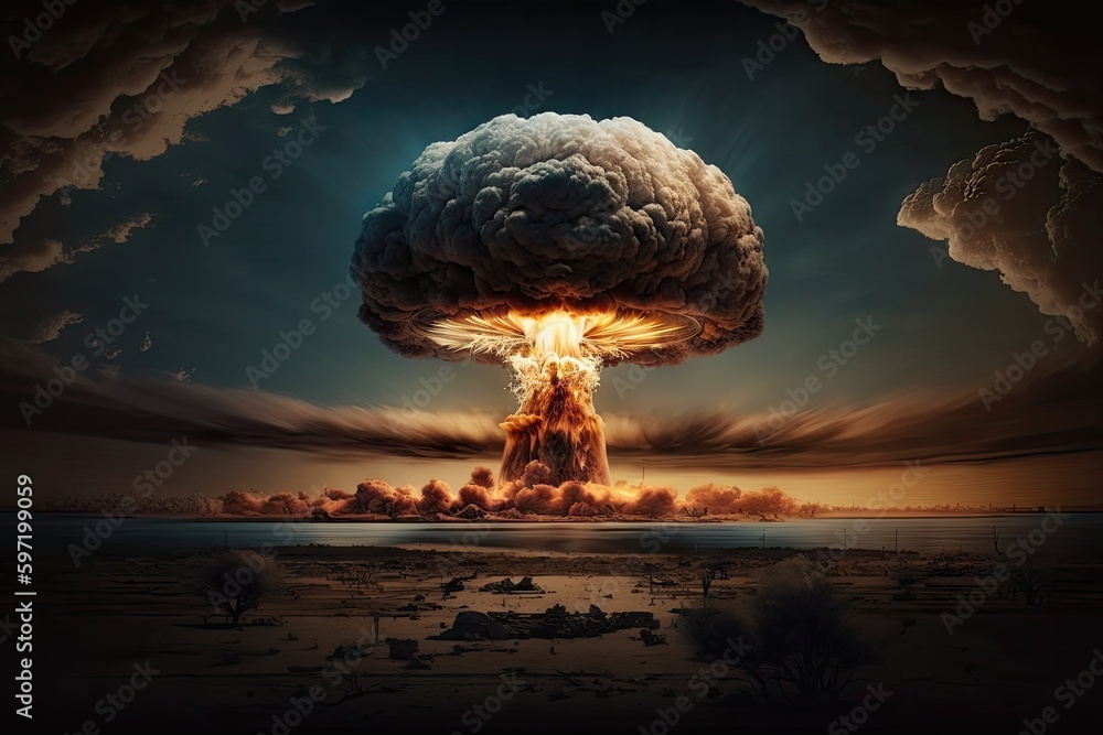 close-up of nuclear bomb explosion, with mushroom cloud rising into the sky, created with generative ai - obrazy, fototapety, plakaty 