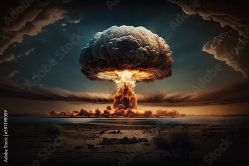 Tela close-up of nuclear bomb explosion, with mushroom cloud rising into the sky, cre