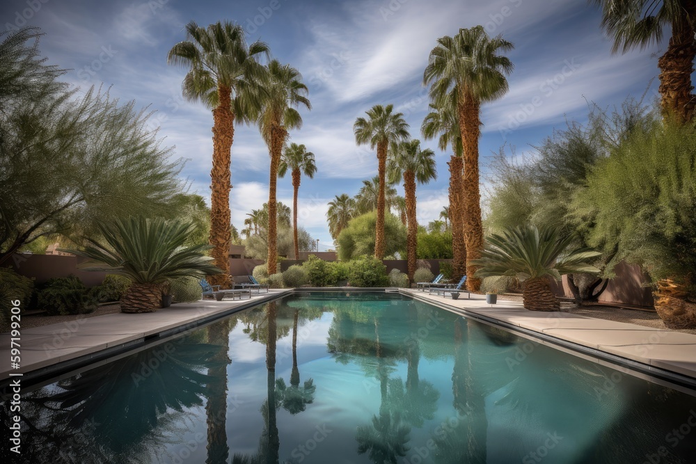 Fototapeta premium oasis pool surrounded by palm trees and desert views, created with generative ai