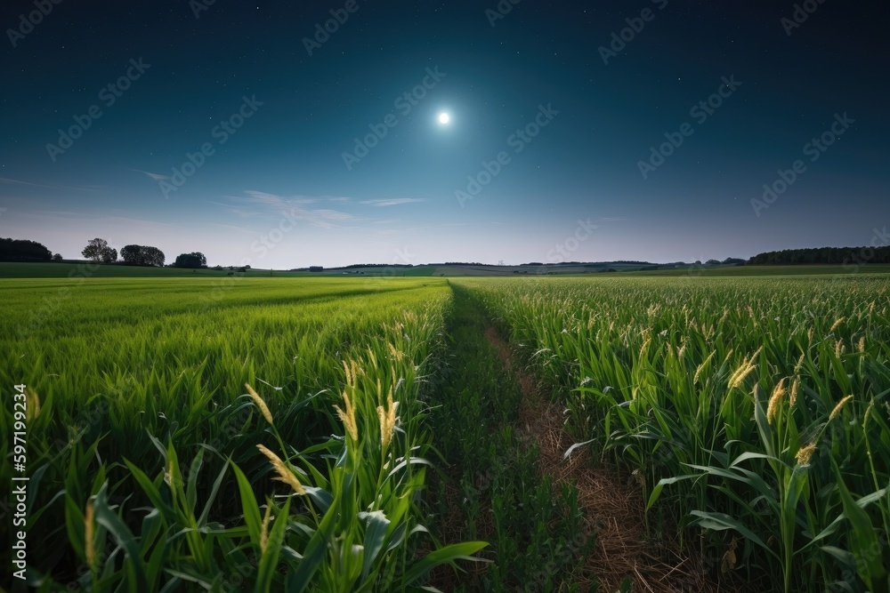 moon and stars above fertile field, with harvest moon in the sky, created with generative ai moon and stars above fertile field, with harvest moon in the sky, created with generative ai