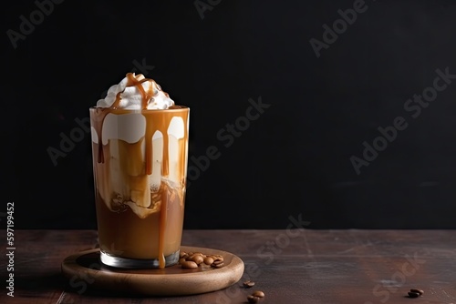 iced coffee latte served in vintage glass with whipped cream and caramel drizzle, created with generative ai