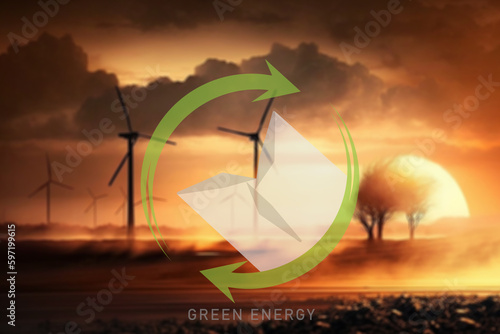 Clean energy concept backgrounds. Wind turbines with illustration of clean energy logo.