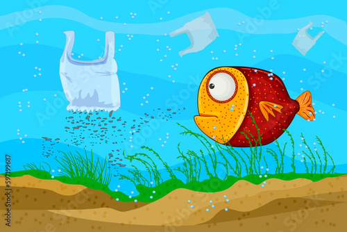 Microplastic pollution problem in ocean. Micro particles of plastics in water from mismanaged plastic package waste. Marine and sea plastic pollution. Environmental problem. Stock vector illustration