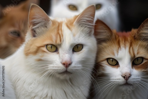 close-up of many cats' eyes, all looking straight at the camera, created with generative ai
