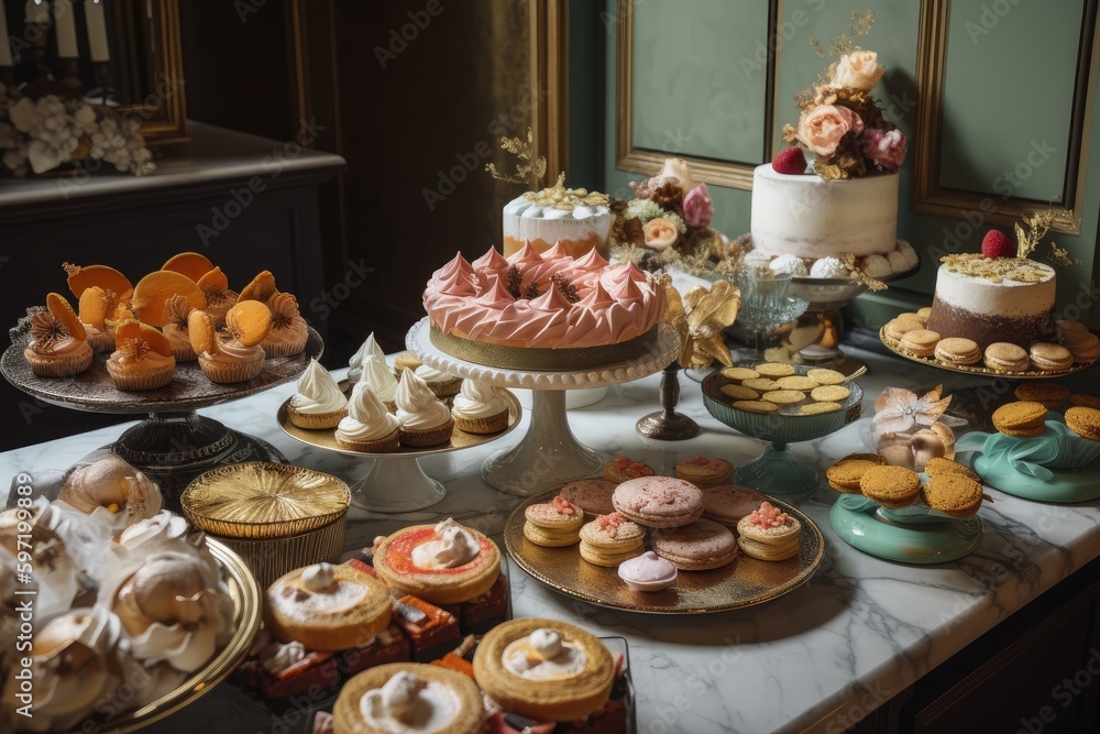view of dessert table, with various pastries and meringues displayed in the backdrop, created with generative ai view of dessert table, with various pastries and meringues displayed in the backdrop, created with generative ai