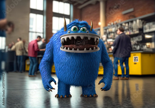 Coffee monster with crazy eyes. Cute character with caffeine energy  very excited. Generated AI.