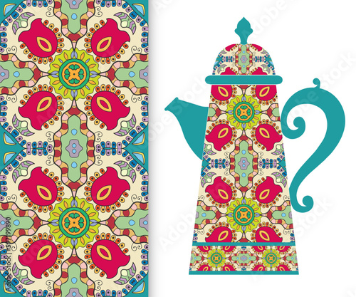 Teapot with decorative ornament and vertical floral geometric seamless pattern, hand drawn repeating texture for Wedding, Bridal, Valentine's day or Birthday Invitations. Fabric or paper print