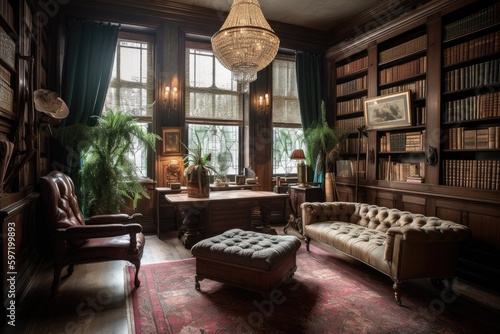 vintage library, with classic books and antique furniture, for a timeless setting, created with generative ai