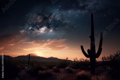 night sky with glittering stars and the silhouette of a cactus on a desert landscape, created with generative ai