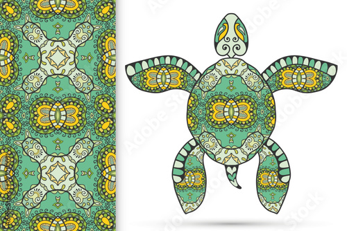 Decorative doodle turtle with ornament and colorful seamless hand drawn pattern. Tribal totem animal, isolated element for scrapbook, invitation card, book cover design, textile fabric print