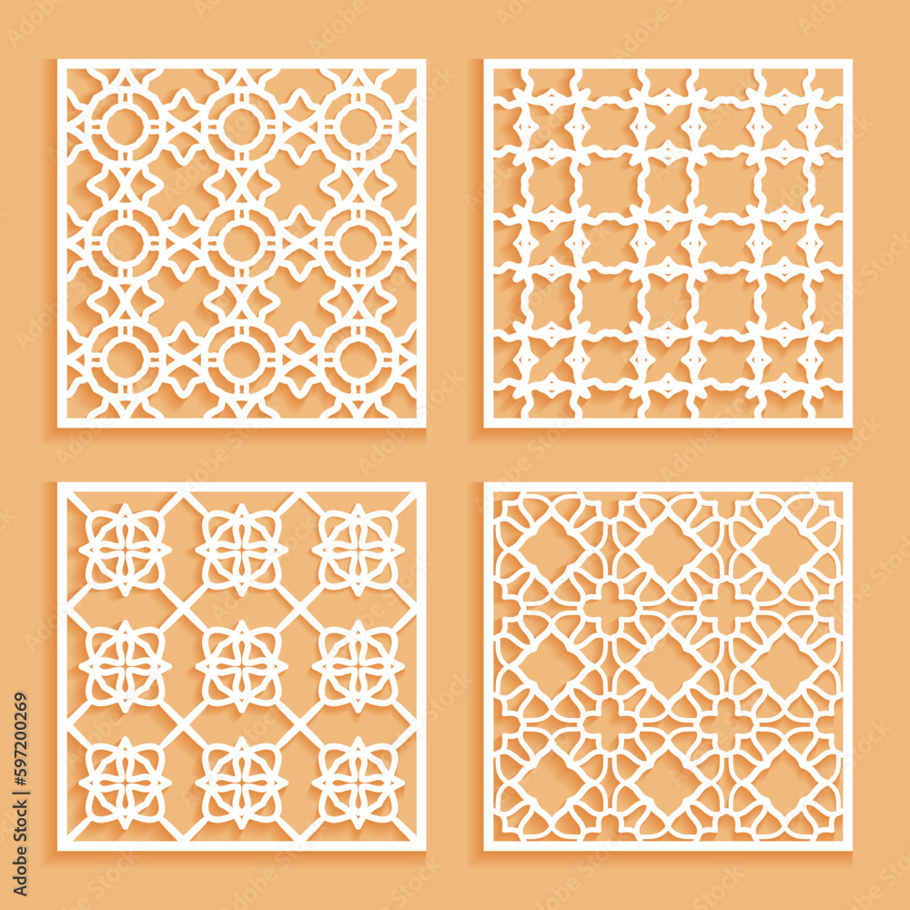 Templates for laser cutting, plotter cutting, printing. Square line patterns set. Geometric design cut out of paper. Mandala Islamic die cut ornament. Fretwork panels, cutout silhouette stencils Templates for laser cutting, plotter cutting, printing. Square line patterns set. Geometric design cut out of paper. Mandala Islamic die cut ornament. Fretwork panels, cutout silhouette stencils